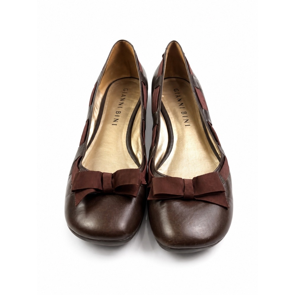 Gianni Bini Vintage Y2K Brown Leather Ballet Bow Slip-On Flats Women's Size 7.5